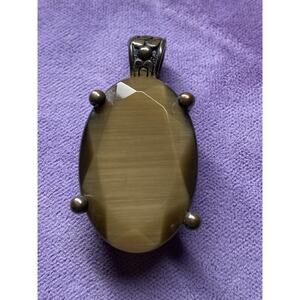 Vintage Brass Tiger’s Eye Pendant Oval Faceted Cabochon Boho Goth Fairy Artisan